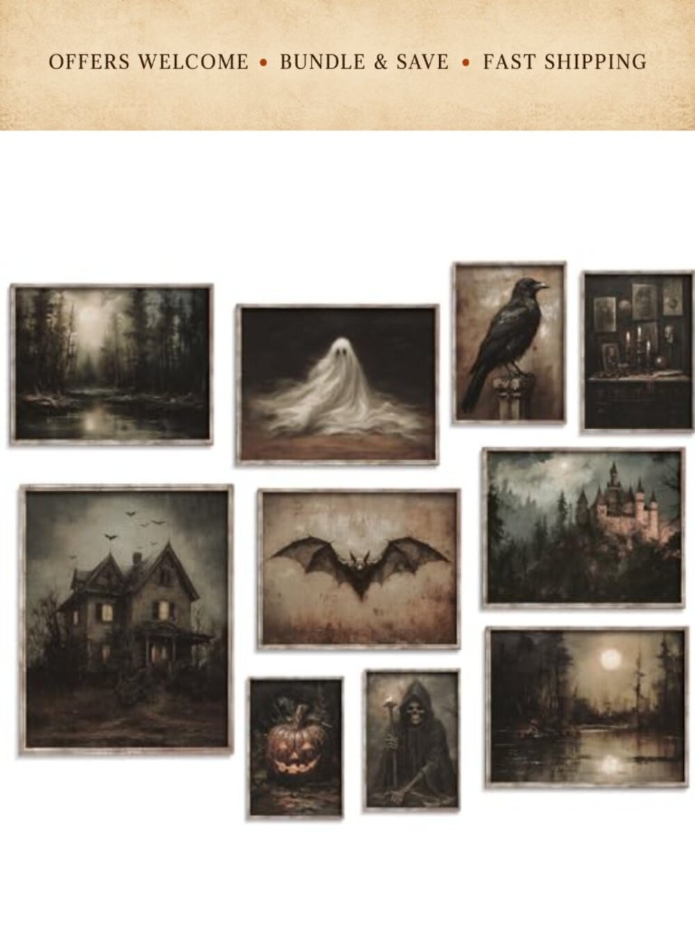 10Pc Halloween Wall Art Prints Dark Gothic Raven Skeleton Gallery Decor Unframed